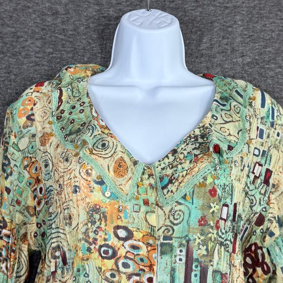 Y2kK Crinkle Ruffle Top Sz Large Petite Long Bell Sleeves Dangling Beads Boho - Picture 2 of 7